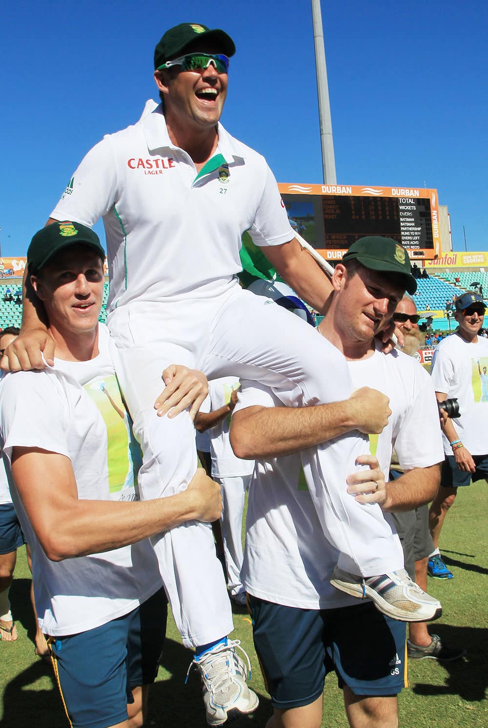 South Africa's bowler Jacques Kallis is carried by teammates after he retired from Test cricket at end of the fifth and final day of their cricket test match against India at Kingsmead stadium, Durban, South Africa.