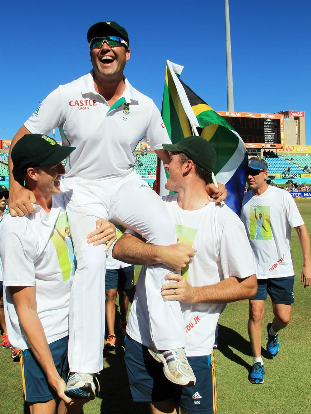 South Africa bowler Jacques Kallis is carried by teammates after winning their cricket test match against India on the final day at Kingsmead stadium, Durban.