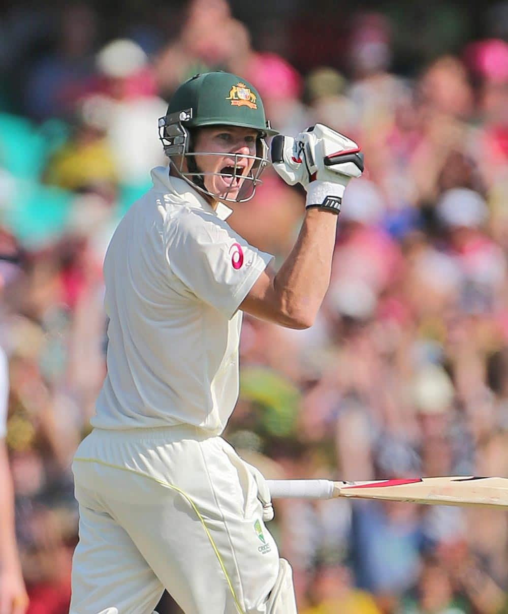 Australia's Steven Smith celebrates after hitting a century in their Ashes cricket test match against England in Sydney, Australia.