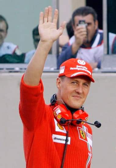 Schumacher waving to supporters on the occasion of the Ferrari World Finals event in October 2007 to celebrate the F1 World constructors and driver's championship titles at the Mugello racetrack, near Florence, Italy.