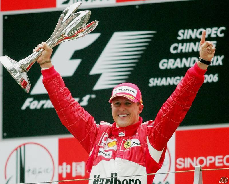 Schumacher celebrating his win in the F1 Chinese Grand Prix at the Shanghai International Circuit in China in October 2006.
