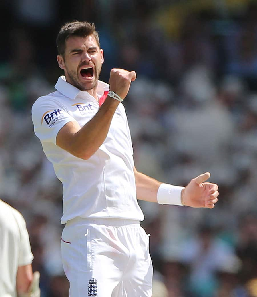 England's James Anderson celebrates after taking the wicket of Australia's David Warner during their Ashes cricket test match in Sydney, Australia.