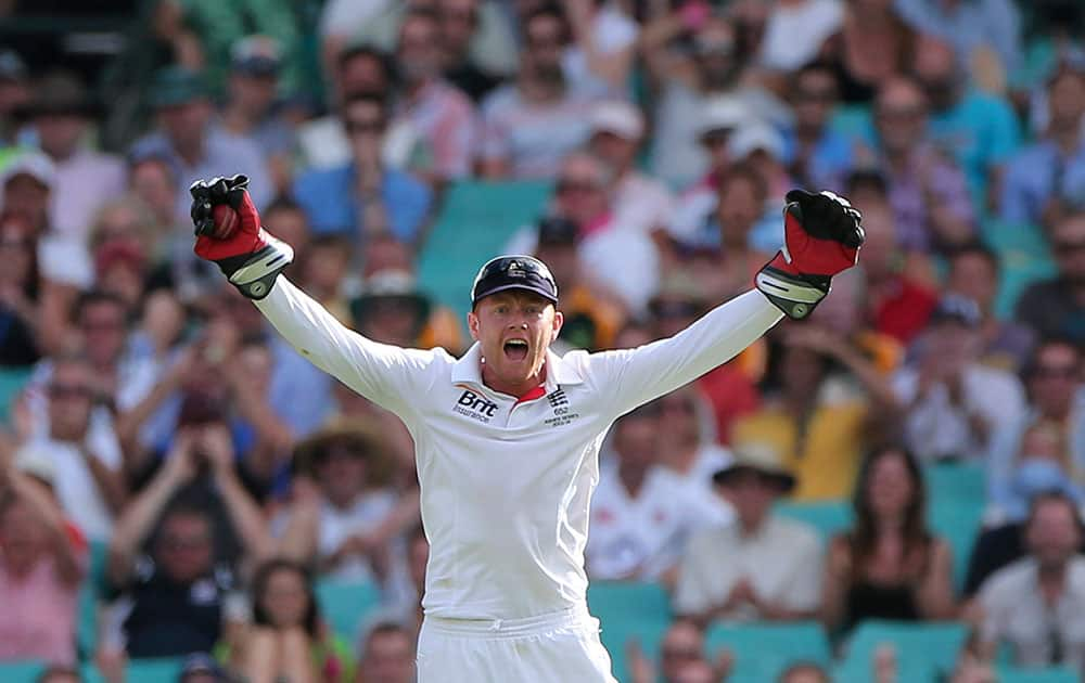 England's Jonny Bairstow appeals for a wicket on the second day of their Ashes cricket test match against Australia in Sydney.