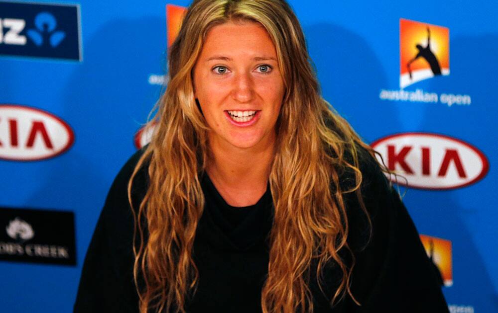 Victoria Azarenka of Belarus speaks during a press conference at the Australian Open tennis championship.