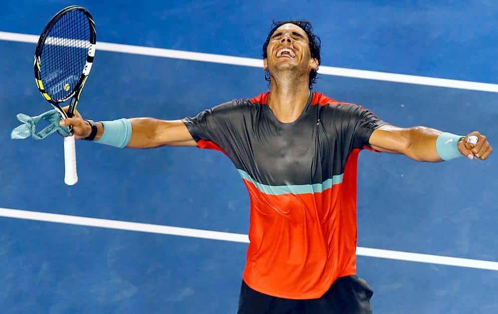 Rafael Nadal of Spain celebrates his win over Gael Monfils of France during their third round match at the Australian Open tennis championship in Melbourne.