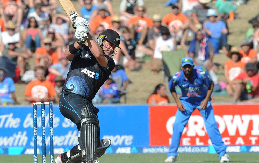 New Zealand's Corey Anderson bats on his way to 68 not out off 40 balls against India in their first one day international cricket match at McLean Park in Napier.