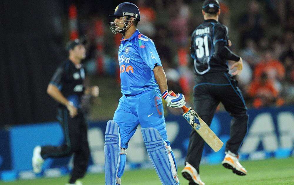 MS Dhoni walks out for 40 against New Zealand in their first one day international cricket match at McLean Park in Napier.