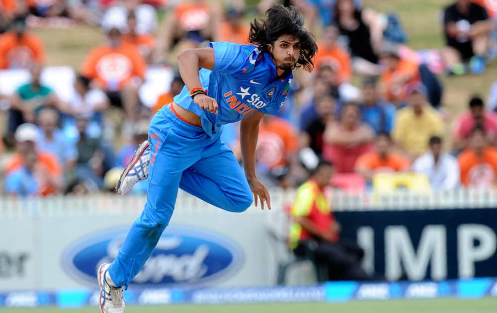 India’s Ishant Sharma bowls against New Zealand in the second one-day International cricket match at Seddon Park in Hamilton, New Zealand.