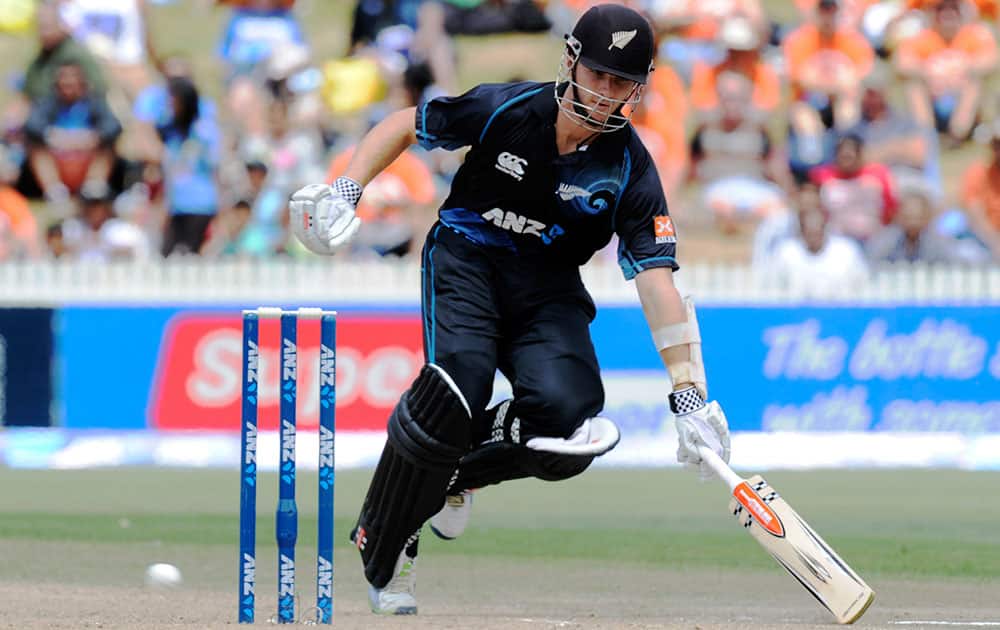New Zealand's Kane Williamson makes his ground against India in the second one-day International cricket match at Seddon Park in Hamilton, New Zealand.