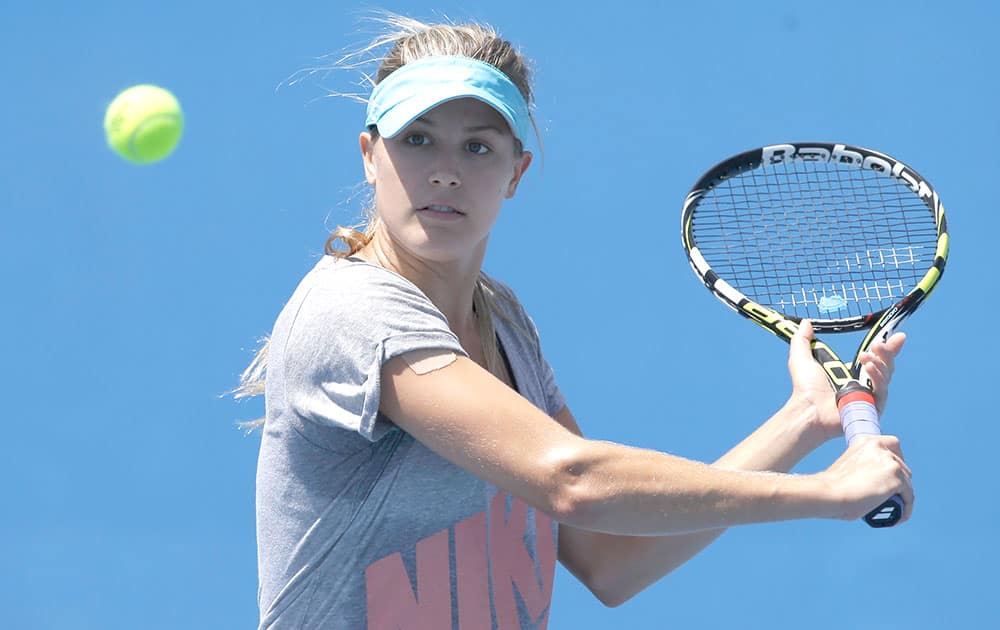 Eugenie Bouchard of Canada plays a shot during a training session at the Australian Open tennis championship in Melbourne, Australia.
