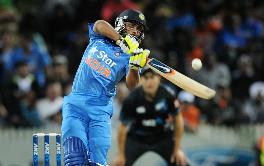India’s Ravindra Jadeja bats against New Zealand during their second one-day international cricket match, at Seddon Park, in Hamilton, New Zealand.