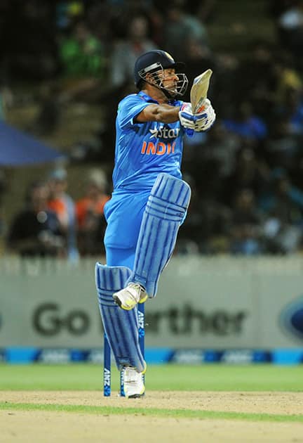 India’s MS Dhoni hooks against New Zealand during their second one-day international cricket match, at Seddon Park, in Hamilton, New Zealand.