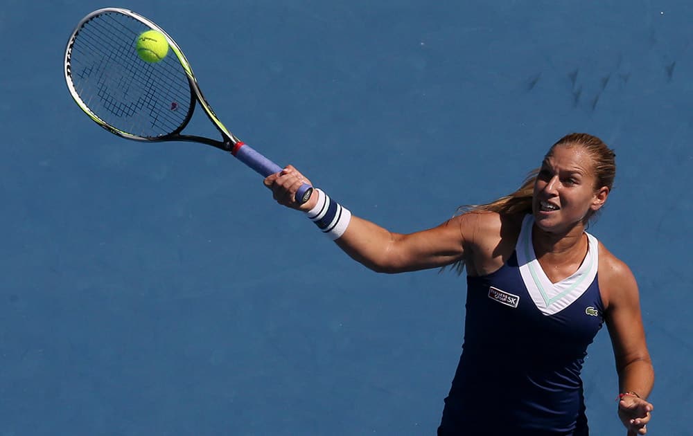 Dominika Cibulkova of Slovakia hits a forehand return to Agnieszka Radwanska of Poland during their semifinal at the Australian Open tennis championship in Melbourne, Australia.