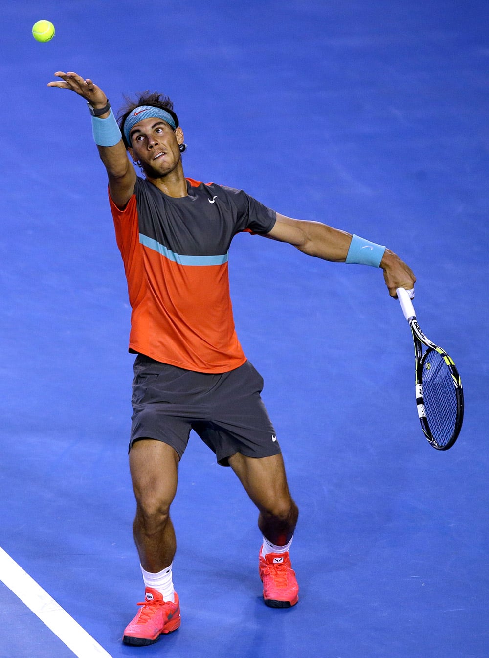 Rafael Nadal of Spain serves to Roger Federer of Switzerland during their semifinal at the Australian Open tennis championship in Melbourne.