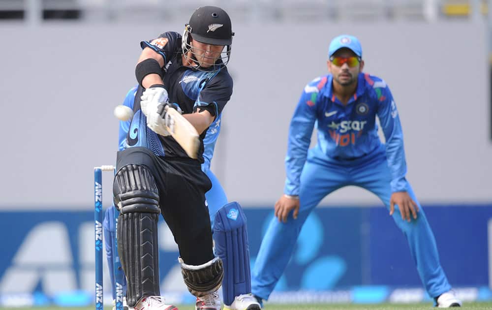 New Zealand's Corey Anderson bats against India in the third one-day International cricket match at Eden Park in Auckland, New Zealand.