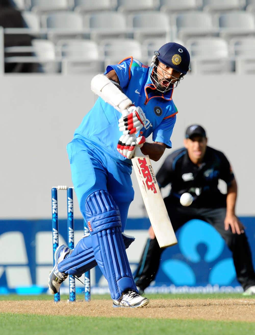 Shikhar Dhawan bats against New Zealand in the third one-day International cricket match at Eden Park in Auckland, New Zealand.