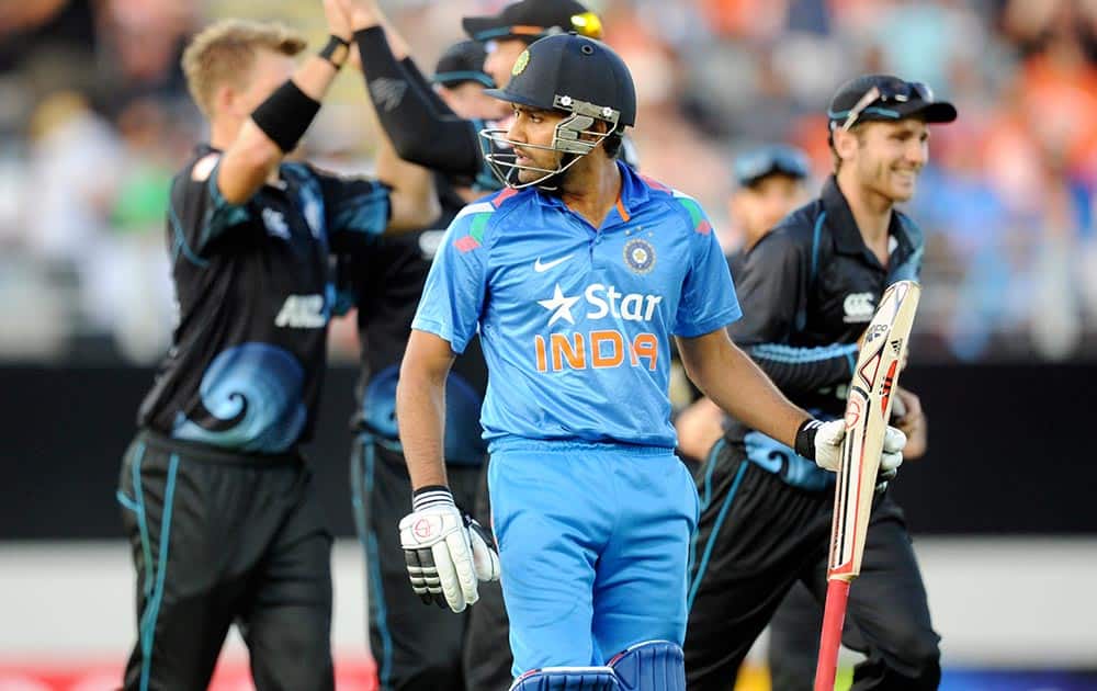 Rohit Sharma is out for 39 against New Zealand in the third one-day International cricket match at Eden Park in Auckland, New Zealand.