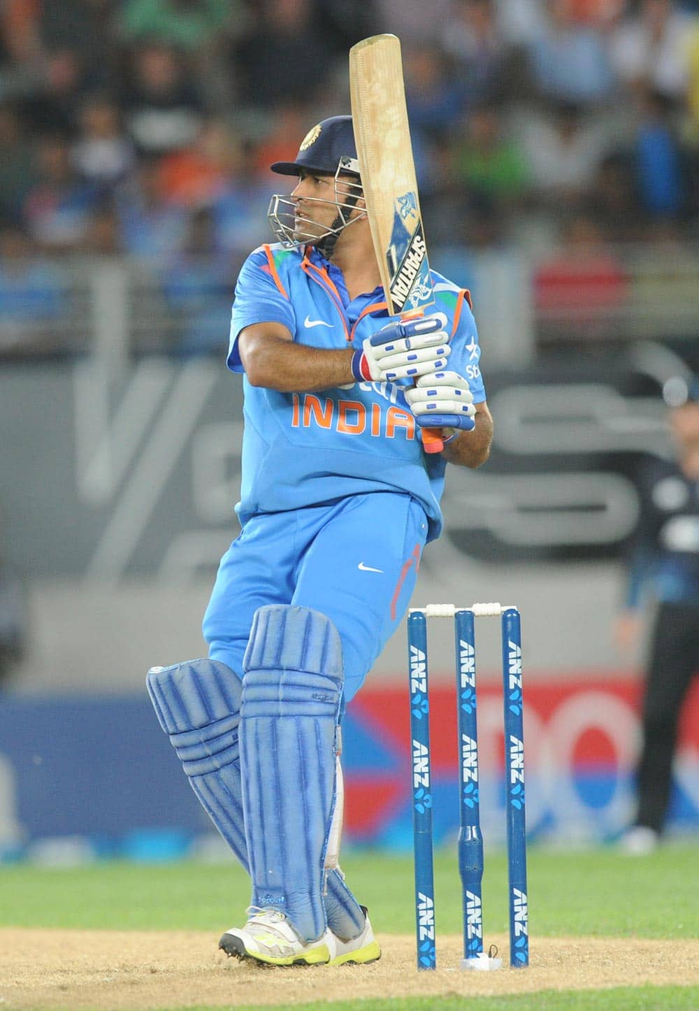 MS Dhoni hooks against New Zealand during the third one day International cricket match at Eden Park in Auckland, New Zealand.