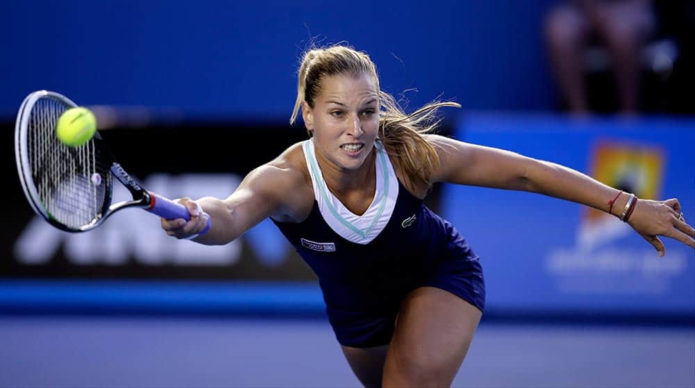 Dominika Cibulkova of Slovakia makes a forehand return to Li Na of China during their women's singles final at the Australian Open tennis championship in Melbourne, Australia.