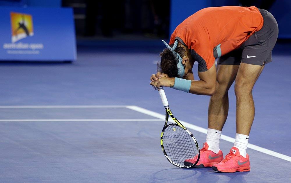 Rafael Nadal of Spain reacts as he plays Stanislas Wawrinka of Switzerland during the men's singles final at the Australian Open tennis championship in Melbourne.