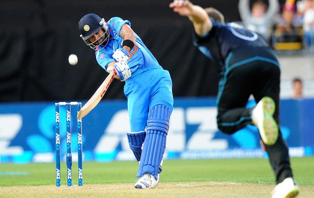 India’s Virat Kohli bats against a bowling of New Zealand’s James Neesham in their fifth one day international cricket match at Westpac Stadium in Wellington, New Zealand.