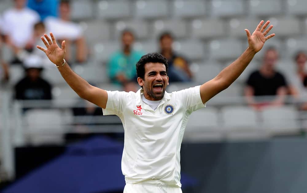 India’s Zaheer Khan successfully appeals the wicket of New Zealand’s Peter Fulton for 13 in the first cricket test at Eden Park in Auckland, New Zealand.