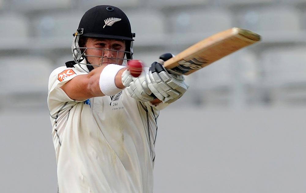 New Zealand’s Corey Anderson bats against India on the first day of the first cricket test at Eden Park in Auckland, New Zealand.