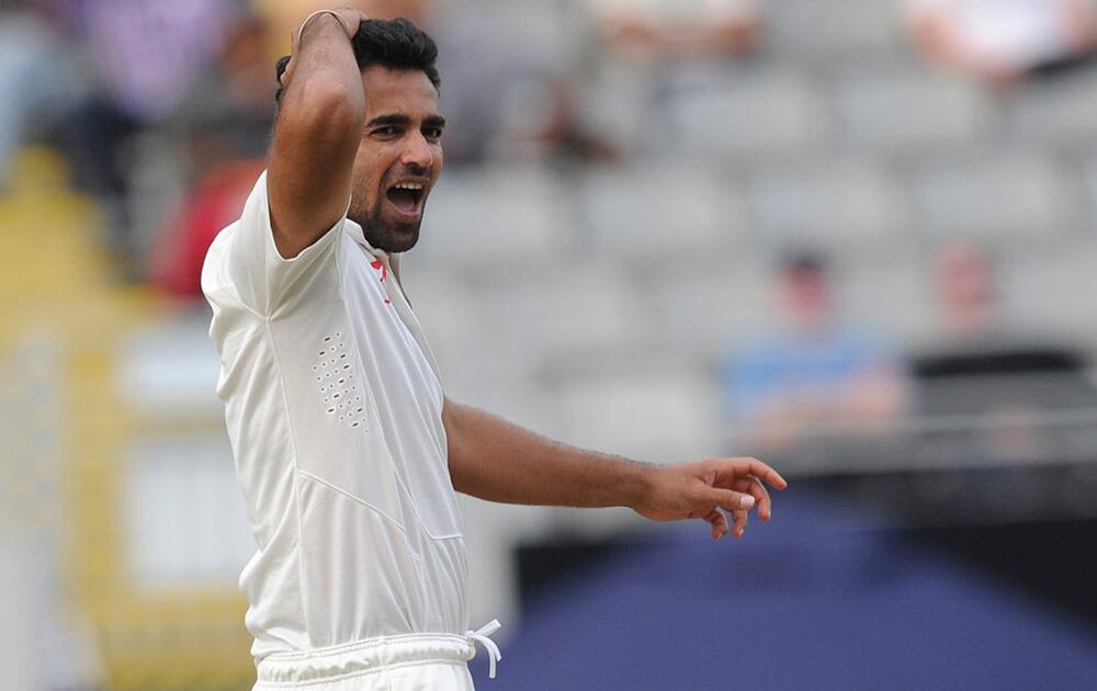 Zaheer Khan reacts after missing an lbw appeal on New Zealand’s Brendon McCullum on the first day of the first cricket test at Eden Park in Auckland, New Zealand.