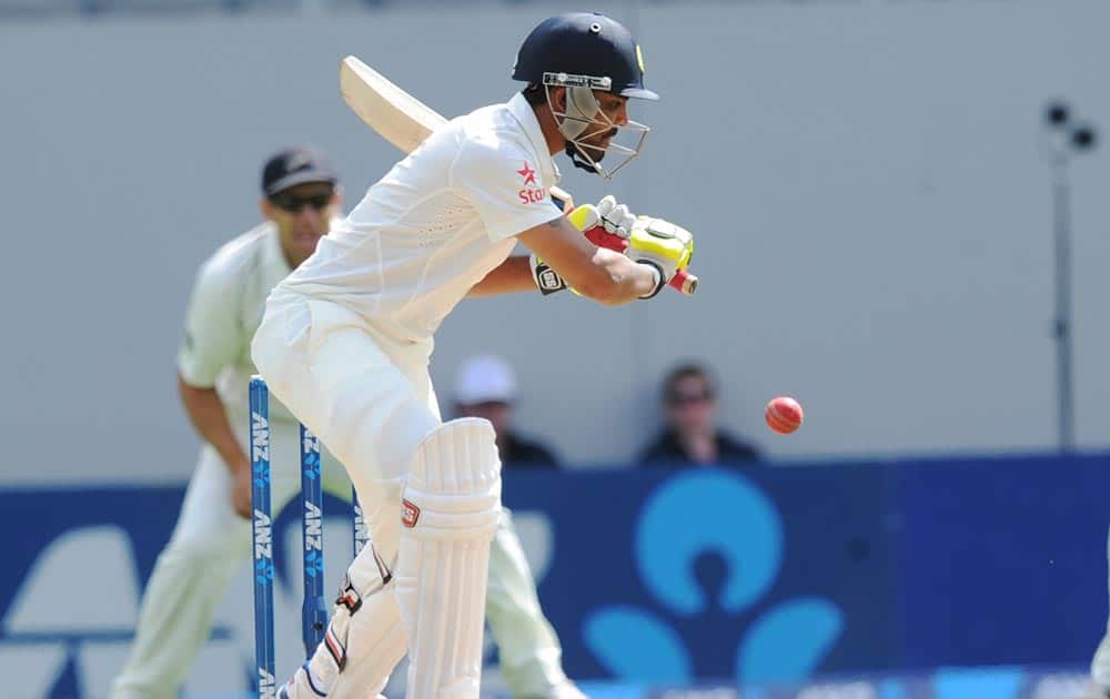 Ravindra Jadeja lets a ball through against New Zealand on the 3rd day of the 1st cricket Test, Eden Park, Auckland, New Zealand.