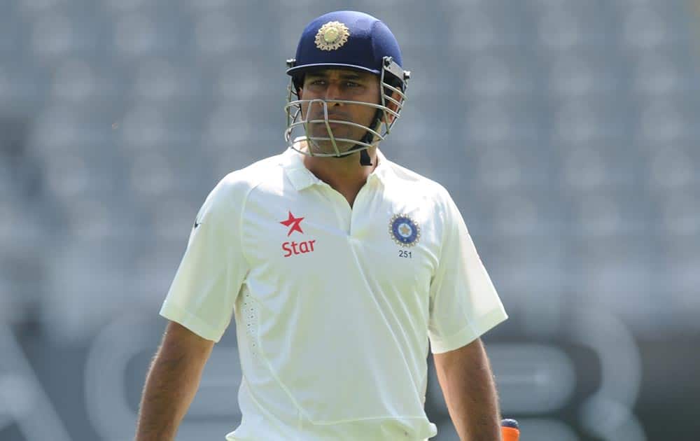 MS Dhoni walks, out for 10 to New Zealand’s Neil Wagner on the 3rd day of the 1st cricket Test, Eden Park, Auckland, New Zealand.