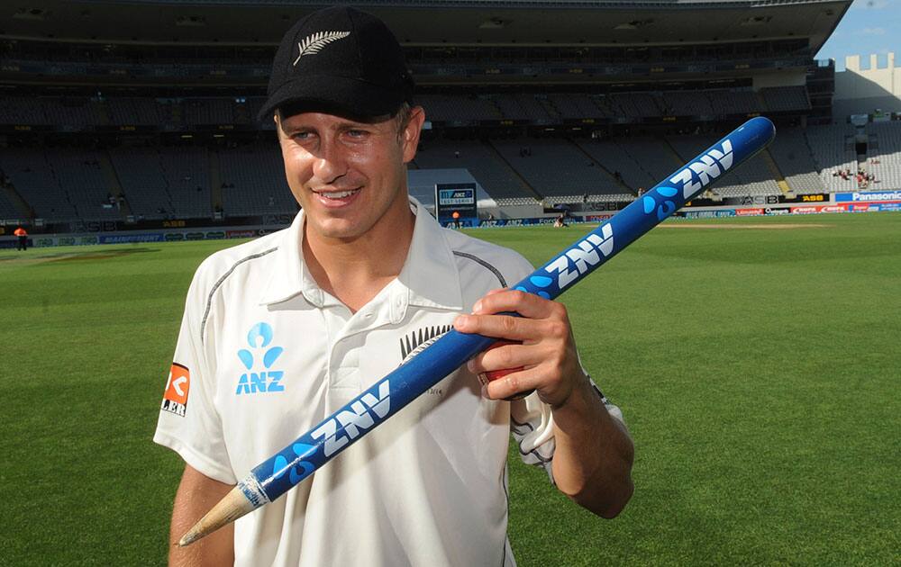 New Zealand’s Neil Wagner who took four wickets poses during the fourth day of the first cricket test at Eden Park in Auckland, New Zealand.