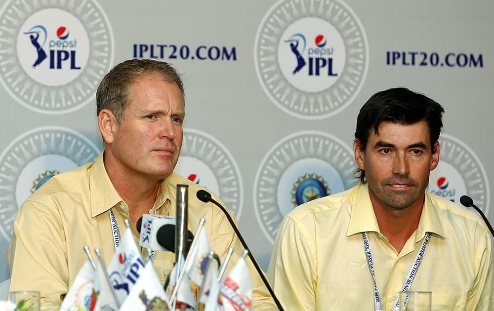Tom Moody and Stephen Fleming of Chennai Supper Kings addressing the press during the IPL Auction 2014 in Bengaluru.