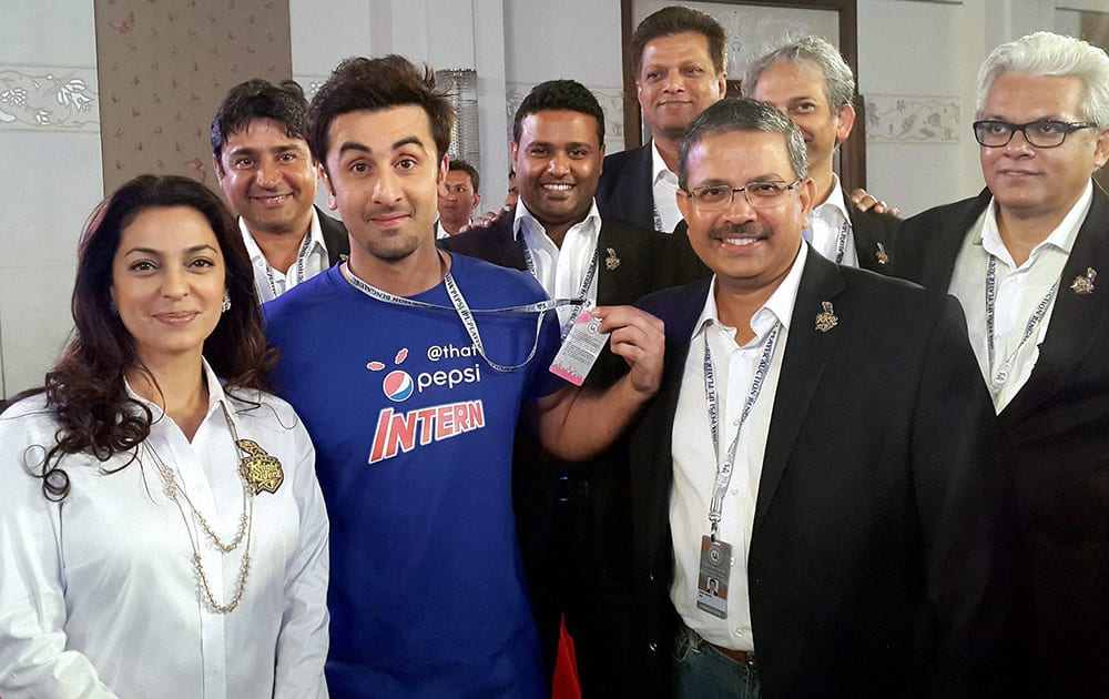 KKR's Juhi Chawla and actor Ranbir Kapoor with others during the IPL Auction 2014 in Bengaluru.