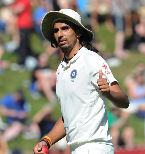 India’s Ishant Sharma gives the thumbs-up after he finished with his best bowling figures 6 for 51 in the New Zealand first innings on the 1st day of the 2nd cricket test at Basin Reserve in Wellington, New Zealand.