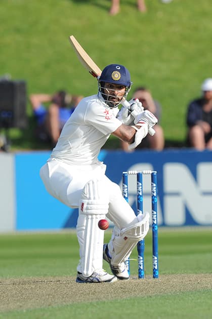 India’s Shikar Dhawan bats against New Zealand on the first day of the second cricket test in Wellington, New Zealand.
