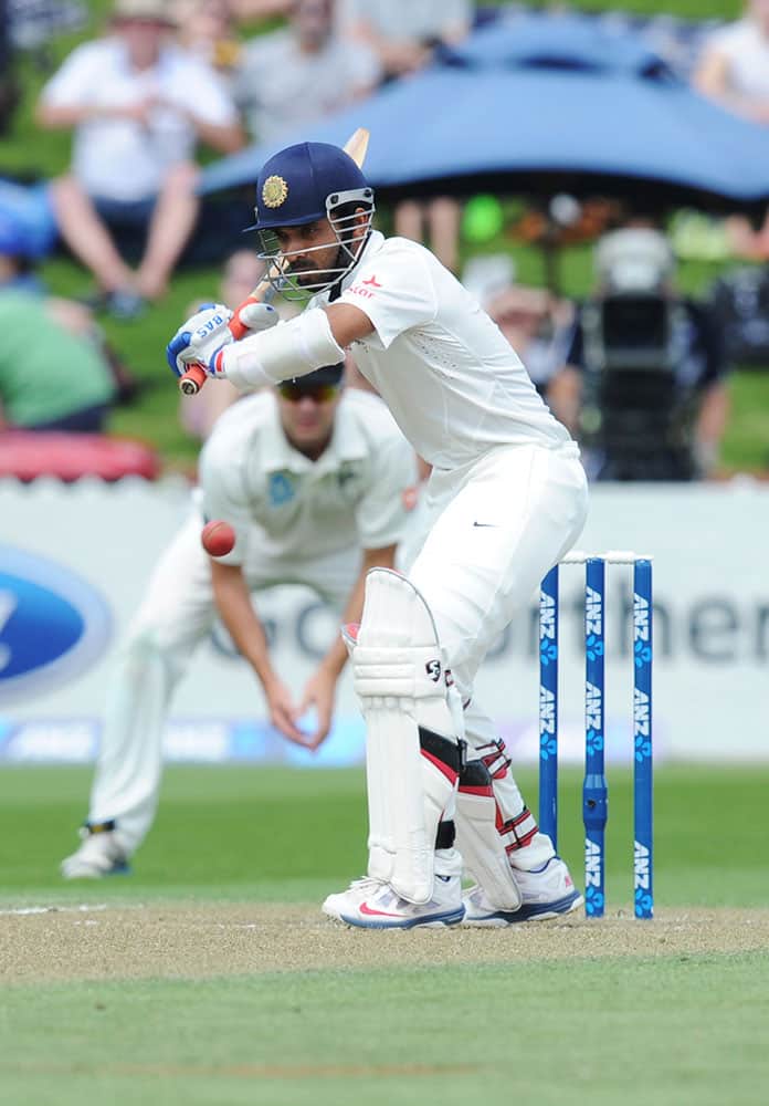 India’s Ajinkya Rahane bats against New Zealand on the second day of the second cricket test in Wellington, New Zealand.