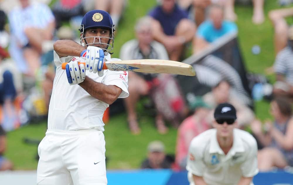 India’s MS Dhoni bats against New Zealand on the second day of the second cricket test in Wellington, New Zealand.