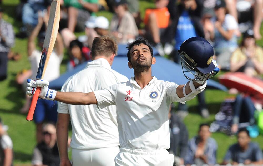 India’s Ajinkya Rahane celebrates his first test century against New Zealand on the second day of the second cricket test in Wellington, New Zealand.