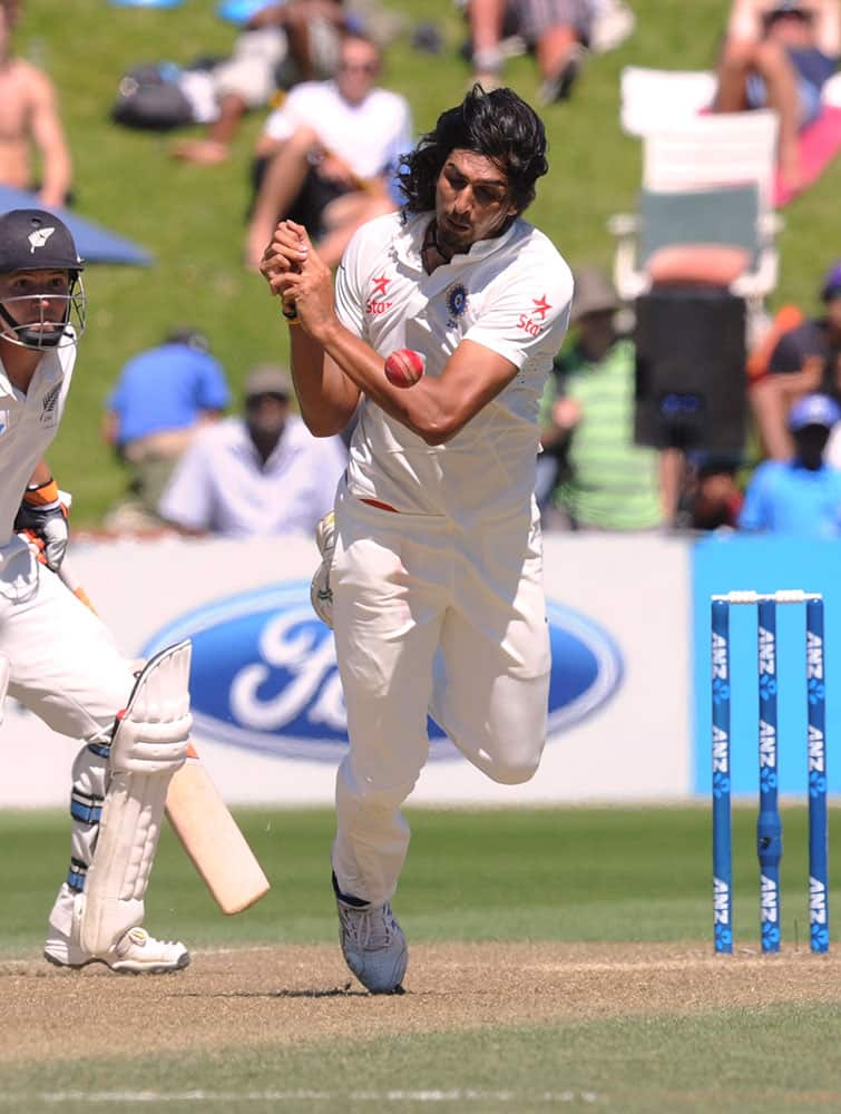India’s Ishant Sharma attempts a caught and bowled of New Zealand’s Brendon McCullum on the third day of the second cricket test at Basin Reserve in Wellington, New Zealand.