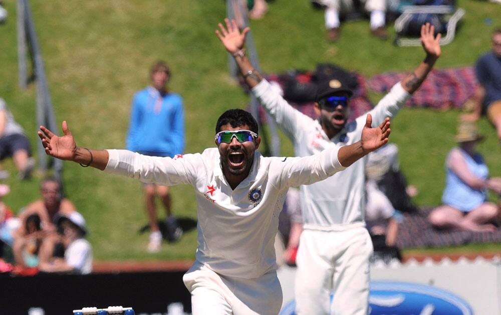 India’s Ravindra Jadeja unsuccessfully appeals the wicket of New Zealand’s Brendon McCullum on the third day of the second cricket test at Basin Reserve in Wellington, New Zealand.