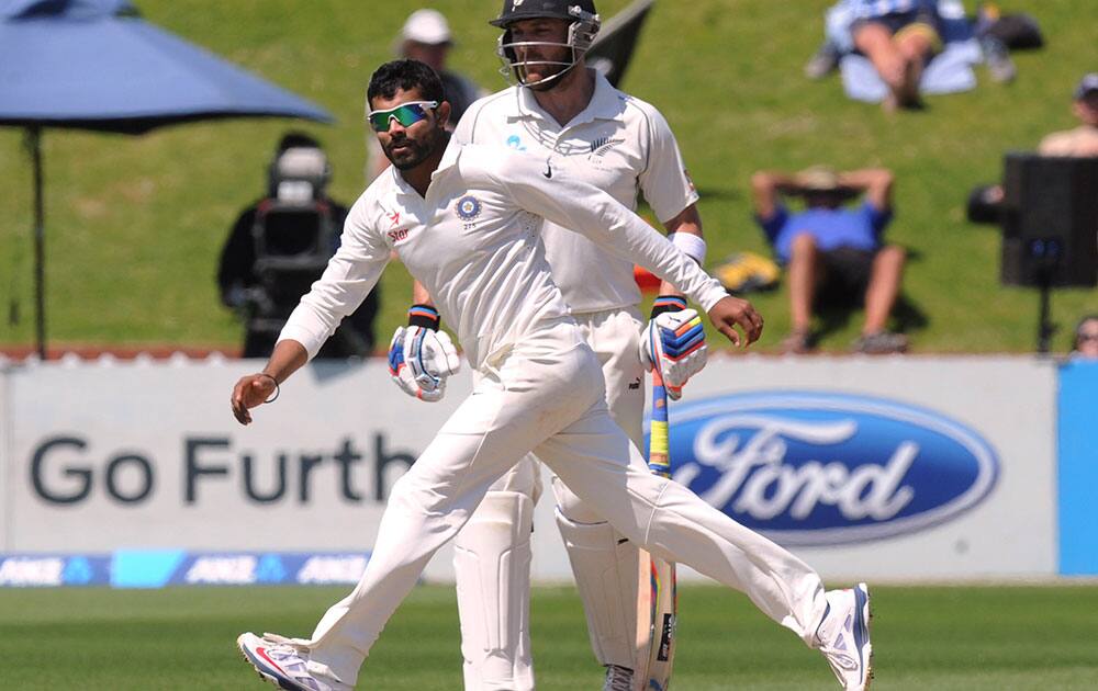 India’s Ravindra Jadeja reacts against New Zealand on the fourth day of the second cricket test at Basin Reserve in Wellington, New Zealand.