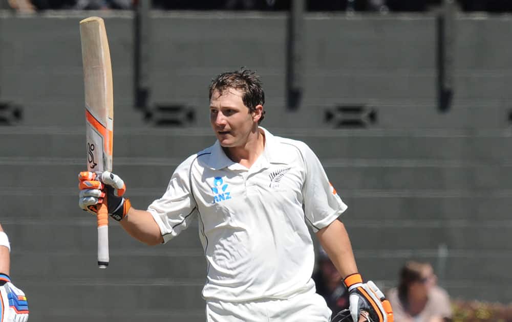 New Zealand’s BJ Watling celebrates his century against India in the second innings on the fourth day of the second cricket test at Basin Reserve in Wellington, New Zealand.