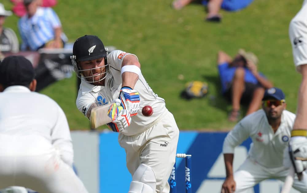 New Zealand’s Brendon McCullum bats on his way to 281 not out against India on the fourth day of their second cricket test mat at Basin Reserve in Wellington, New Zealand.