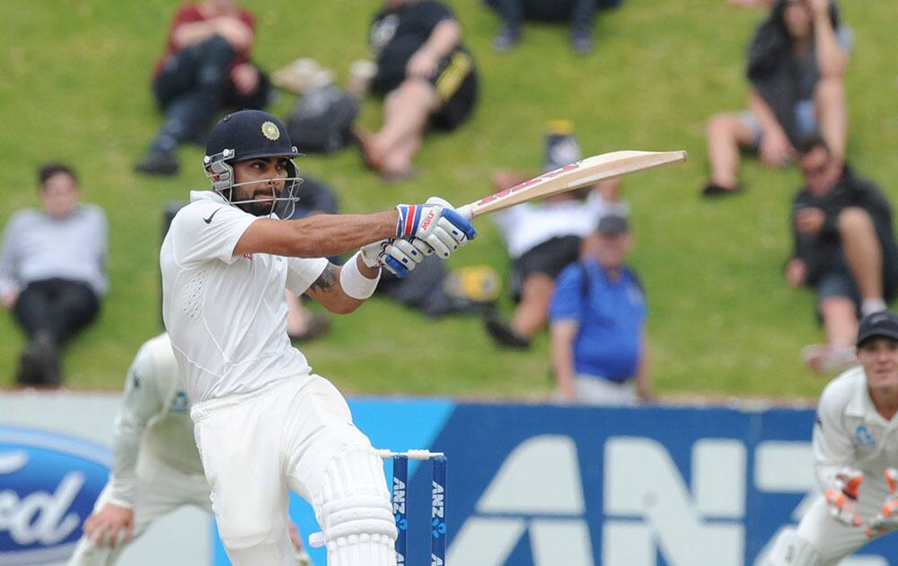 India’s Virat Kohli bats against New Zealand on the final day of the second test at the Basin Reserve in Wellington, New Zealand.