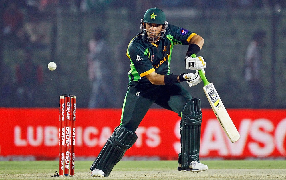 Pakistan’s Misbah-ul-Haq plays a shot during the opening match of the Asia Cup one-day international cricket tournament against Sri Lanka in Fatullah, near Dhaka, Bangladesh.