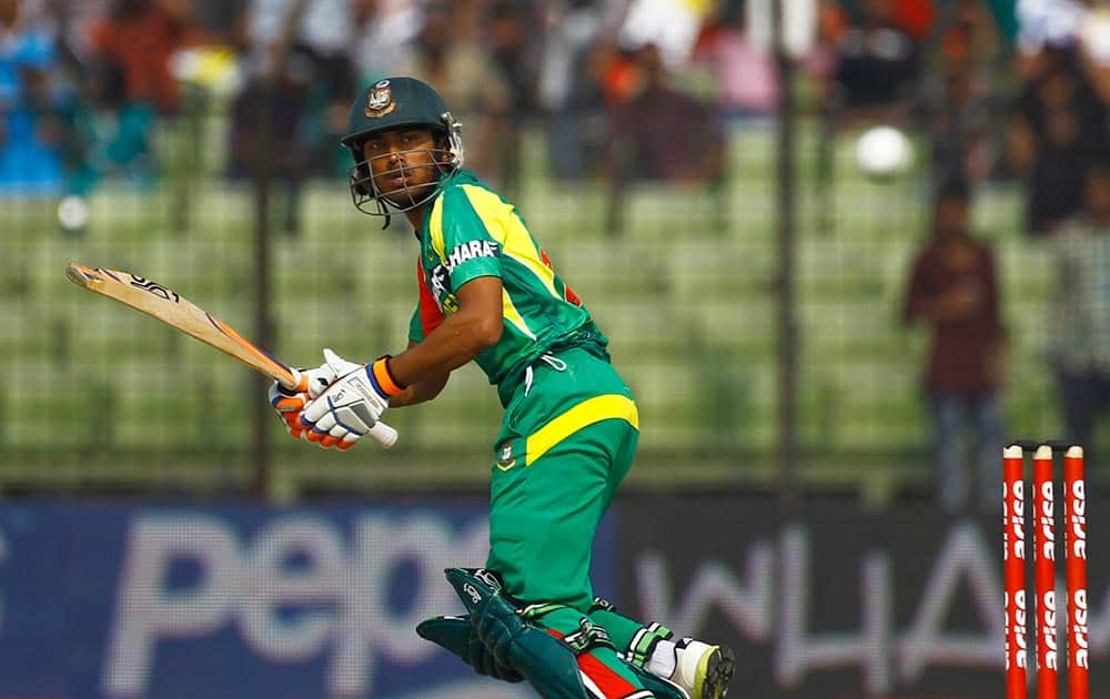 Bangladesh’s Anamul Haque plays a shot during the Asia Cup one-day international cricket tournament against India in Fatullah, near Dhaka, Bangladesh.