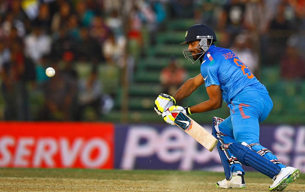 India’s Ravindra Jadeja plays a shot during the Asia Cup one-day international cricket tournament against Sri Lanka in Fatullah, near Dhaka, Bangladesh.