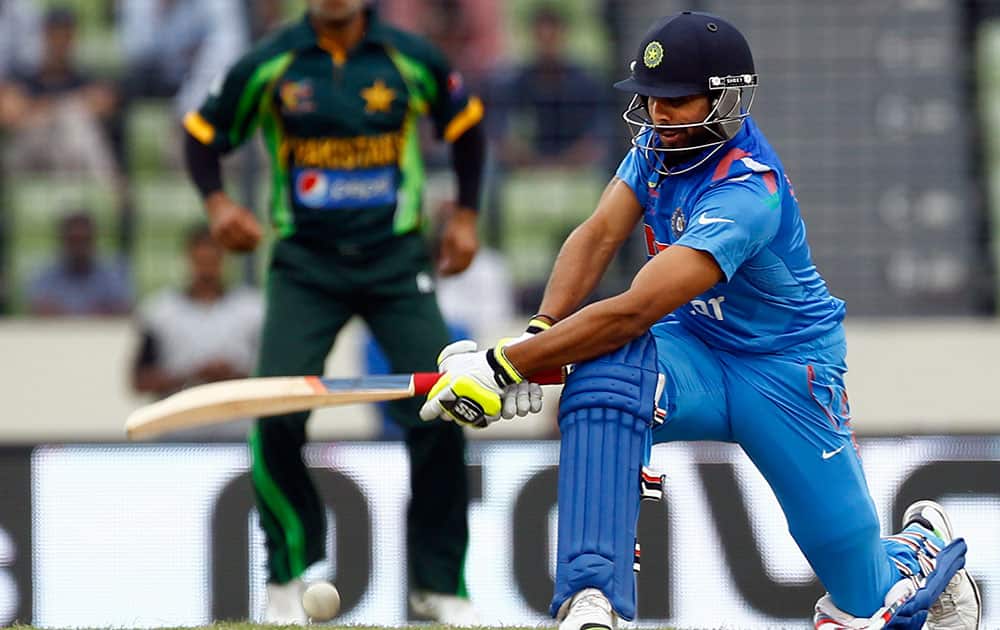 Ravindra Jadeja plays a shot during the Asia Cup one-day international cricket tournament against Pakistan in Dhaka.