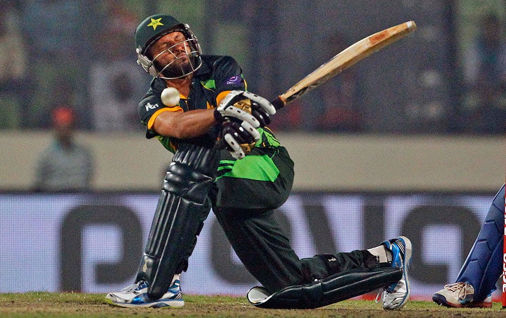 Pakistan’s Shahid Afridi plays a shot during the Asia Cup one-day international cricket tournament against India in Dhaka, Bangladesh.