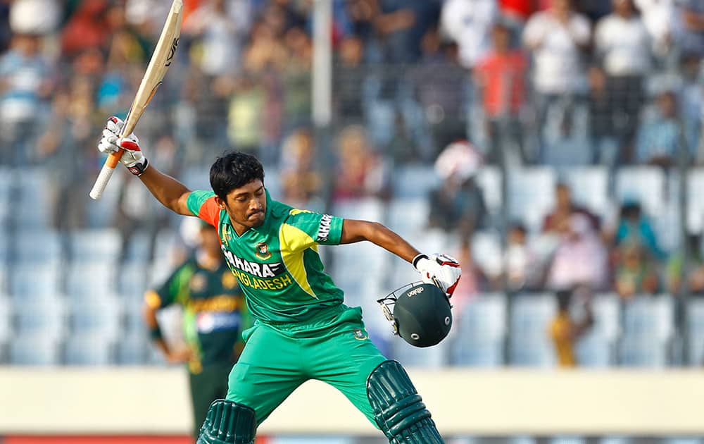 Bangladesh’s Anamul Haque celebrates after scoring a century during their match against Pakistan in the Asia Cup one-day international cricket tournament in Dhaka, Bangladesh.